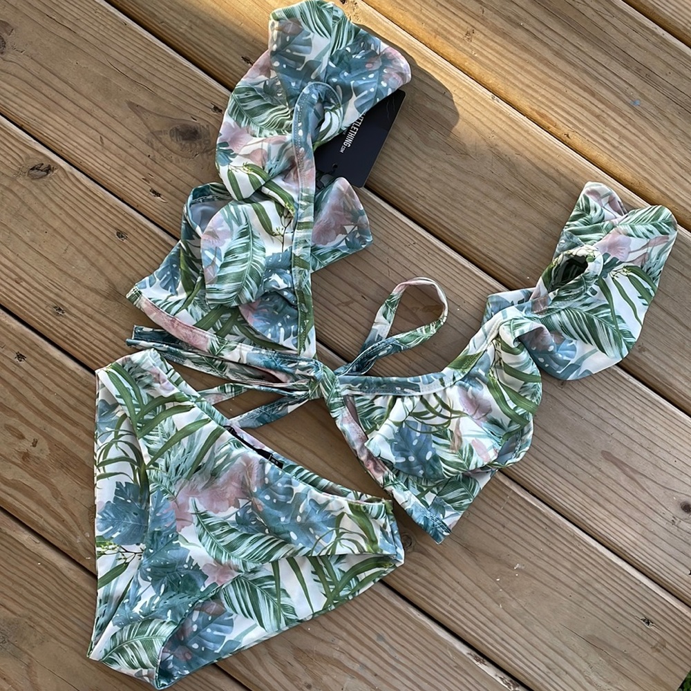 PLT Leafy Frill Tie-Front Cheeky Bikini